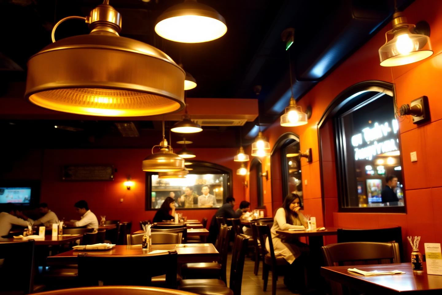 Warm interior of Kacchi Bari with brass pendant lamps and diners at wooden tables