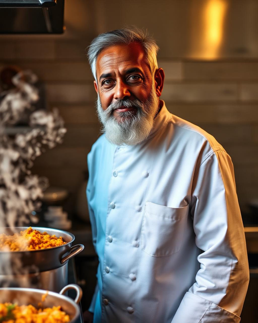 Head chef Nurul Islam beside a steaming kacchi handi in the Kacchi Bari kitchen