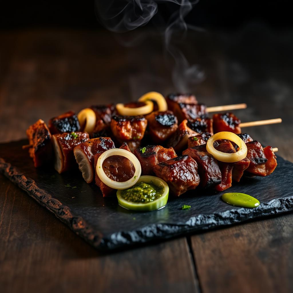 Charcoal sheek kebab skewers resting on slate with chutney