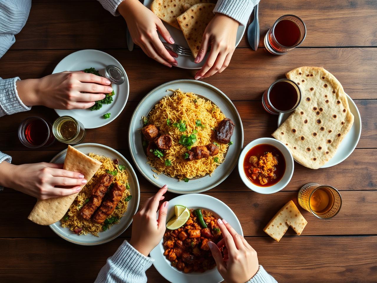 Family platter of biryani, kebab, naan and borhani seen from above